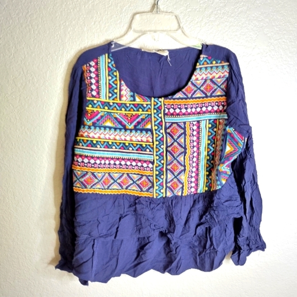 Savanna Jane Embroidered Tiered Long Sleeve Boho Blouse Sz M
